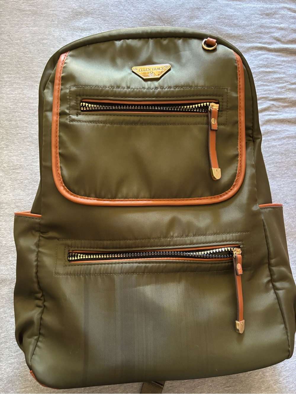 Ellen Tracy Olive Nylon Backpack with Tan Trim and Gold Hardware
